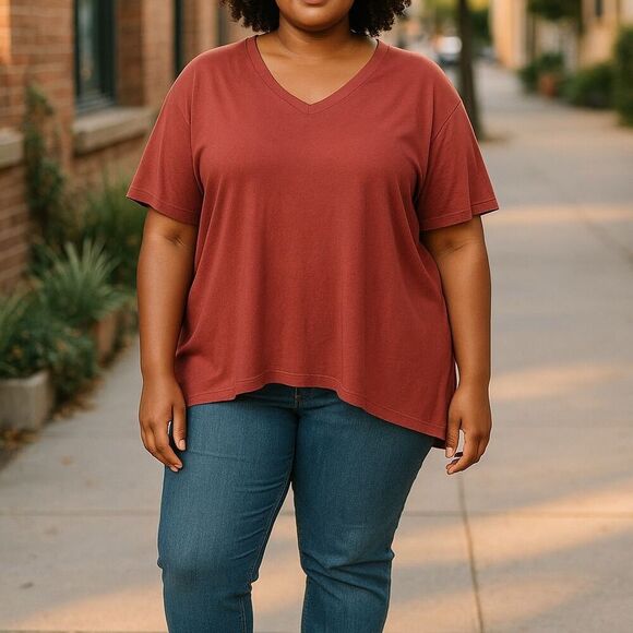 Treasure & Bond Women's V-Neck Short Sleeve Tee Burgundy Size 1X - Picture 1 of 5
